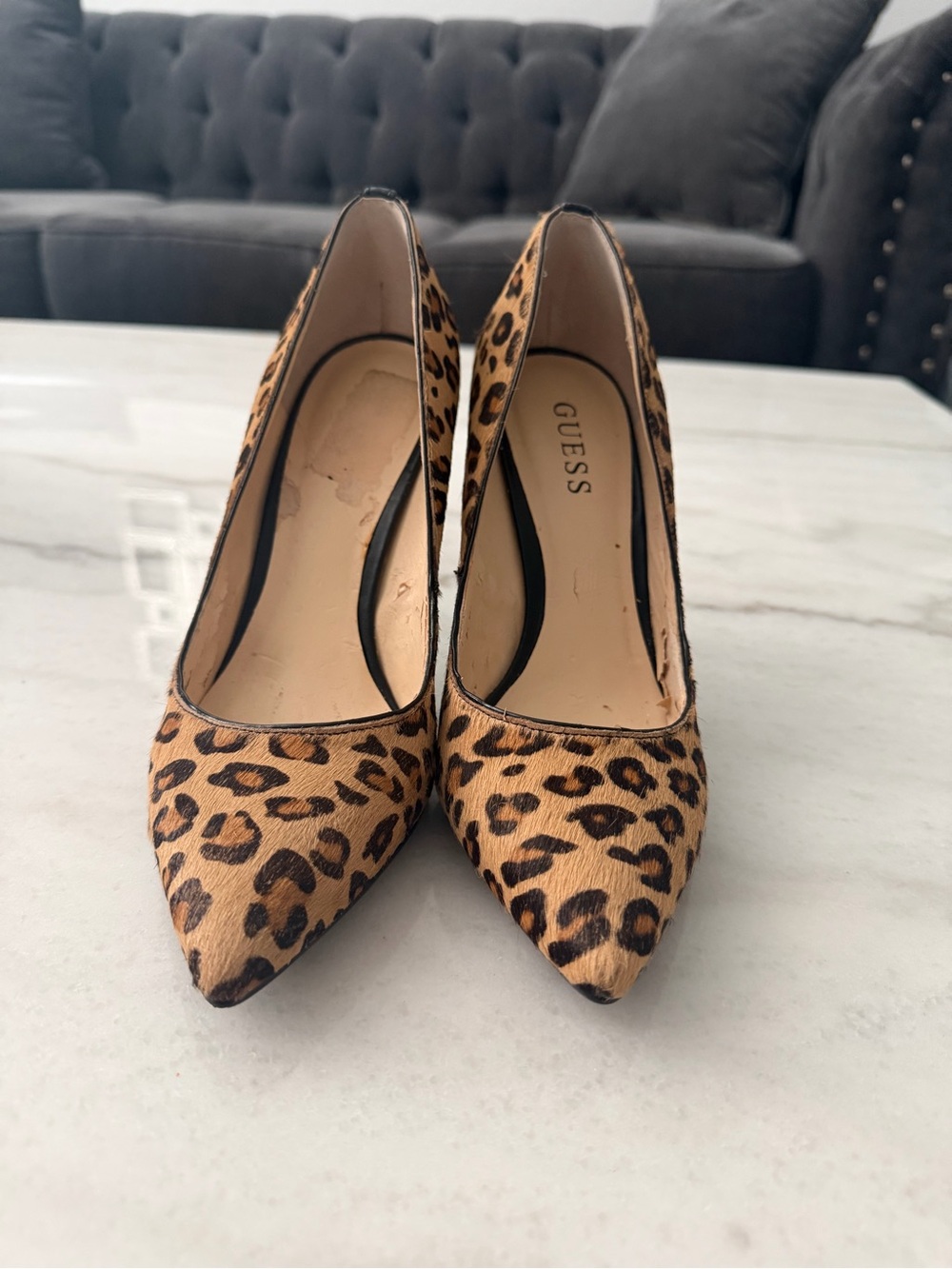 GUESS Leopard-Print Pointed Toe Pumps in Tan and Black